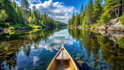 Obraz premium Canoe paddling through a narrow channel of crystal-clear water in the BWCAW, with lush greenery and sunlit water, canoes