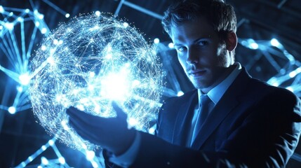 Man holds glowing network sphere in dark environment.