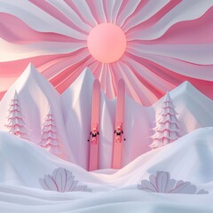 Serene Minimalist Winter Landscape with Snowy Mountains and Pastel Sky  A digital or abstract art featuring a peaceful winter scene with a radiant sun snow capped peaks