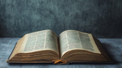Obraz premium Old book open on wooden table with blue background