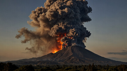 An erupting volcano and black smoke spreading into the sky.