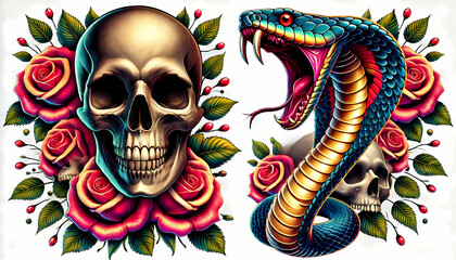 3D Ai Digital illustration art tattoo logo design with Skull, Cobra snake, vibrant, roses, thorns, horns, digital art, danger, scary, horror, t-shirt, stickers, vintage, Isolated on white background 