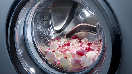 A washing machine with petals swirling inside the drum, visible through the transparent door