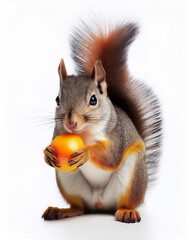 Squirrel model holding fruit in hand on white background