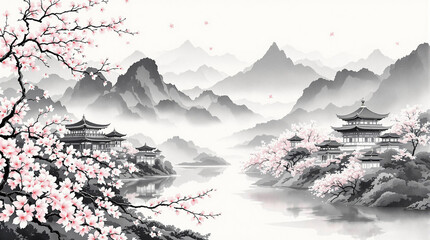 Chinese Serenity: Ink Art and Cherry Blossoms Wallpaper Background