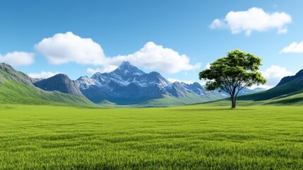 Obraz premium Scenic landscape featuring mountains, a tree, and a green meadow.