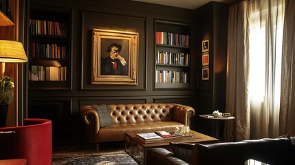 Elegant Library with Rich Wood Paneling and a Leather Sofa
