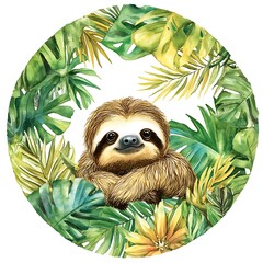 Obraz premium Adorable Watercolor Sloth Nestled Amongst Lush Tropical Foliage in an Oval Frame.