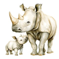 Obraz premium Watercolor Painting of a Mother White Rhinoceros and Her Calf.
