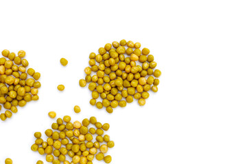Canned green peas on white background.