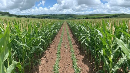 Naklejka premium Cornfield vista under sunny sky, rows of plants receding to hills.