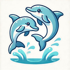 Fototapeta premium Flat two blue dolphins in a jump. Cute dolphins jumping on a white. An oceanic aquatic animal is a dolphin. Vector flat or cartoon illustration isolated on white. Cute illustration of a marine animal 