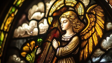 Obraz premium Stained glass angel holding harp.