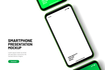 Fototapeta premium Realistic smartphone mockup. Mobile phone vector with isolated on white background. Device front view. 3D mobile phone with shadow. Realistic, high quality smart phone mockup for ui ux presentation.