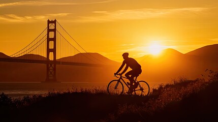 Obraz premium Silhouette of cyclist riding bike at sunset with Golden Gate Bridge in background.