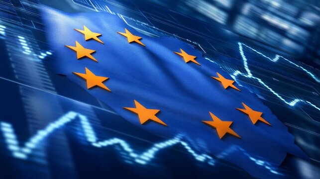 European Union Flag With Stock Market, Finance, Economy Trend, Digitally Generated Image