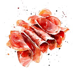 Watercolor painting of thinly sliced jamon, a Spanish cured ham, arranged in a visually appealing manner.