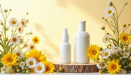 Clean and elegant setup of two white bottles on a wooden stand with daisies and yellow gerberas around them against a light yellow wall. wellness products, product promotion, fragrance advertisement, 