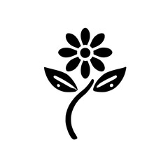 Simple Flower Icon:  A minimalist black and white icon of a stylized flower with two leaves, perfect for adding a touch of nature to your designs.  