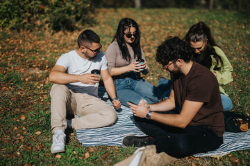 A group of friends relax on a picnic blanket, enjoying coffee and conversation in a sunny park...