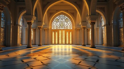 Majestic Arabian Palace Interior with Sunlit Arches and Intricate Details