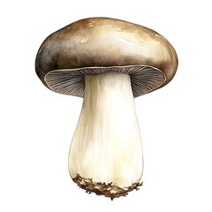 Watercolor illustration of a single brown mushroom with a thick stem isolated on a white background.