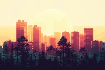 Fototapeta premium Ai generative, Digital Sunset Over a Cityscape with Trees