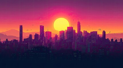 Fototapeta premium Vibrant sunset over a city skyline with silhouettes of skyscrapers and mountains.