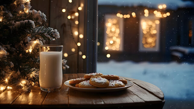 una casa adornada de navidad con un arbol iluminado con un plato de galletas y un vaso de leche para santa claus para la noche buena para navidad