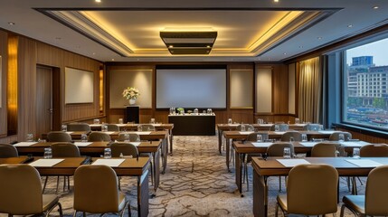 Fototapeta premium Empty conference room with projector and city view.