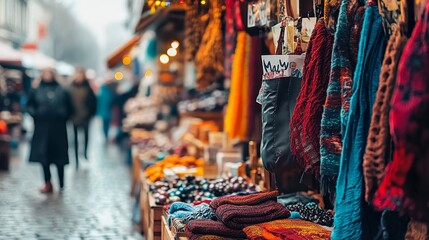 Winter Wonderland Warm Clothes and Souvenirs on Display at a European Christmas Market