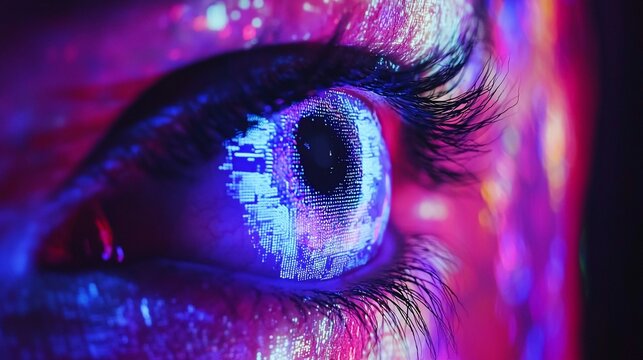 Close-up of a vibrant eye with neon UV makeup. - Powered by Adobe