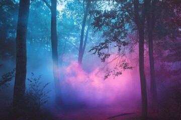 Obraz premium Ai generative, Dreamlike Forest with Pink and Blue Fog