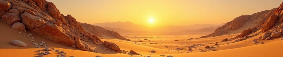 Rocky terrain with uneven hills and vast expanses of golden sand beneath the summer sun, sun, landscape, rock