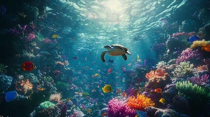 Fototapeta premium Vibrant Coral Reef with Sea Turtle and Tropical Fish