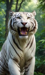 Fototapeta premium Majestic white tiger with its mouth wide open in the heart of a lush jungle, predator, feline