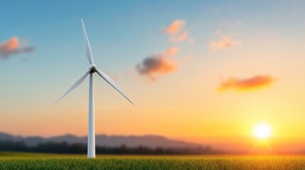 Fototapeta premium A wind turbine stands in a grassy field at sunset.