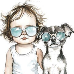 Watercolor illustration of a toddler and her chihuahua puppy wearing sunglasses.