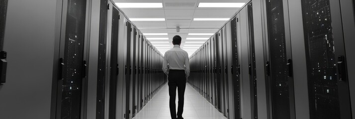 Businessman Walking in Server Room, Data Center Technologies, Big Data Storage Concept