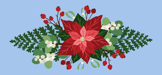 Fototapeta premium Christmas botanical composition with poinsettia, fern, snowberry. Decorative and festive floral arrangement. Hand drawn vector illustration for design holiday decor, decoration new year, greeting card