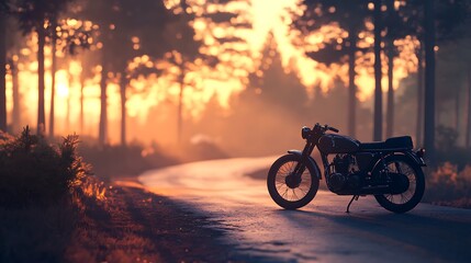 Vintage Photorealistic Motorcycle Against Serene Sunset Background