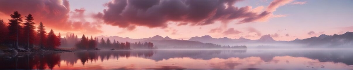 Fototapeta premium Gentle morning mist with red and white clouds drifting across a serene lake, natural reflections, soft focus, lake scenes