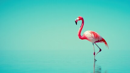 Obraz premium Pink flamingo standing in tranquil teal water with a clear sky.