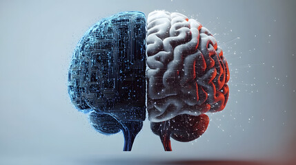 Half digital brain merging with biological brain, illustrating artificial intelligence and human mind