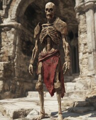 Obraz premium A detailed skeletal figure in tattered clothing, set in a stone environment.