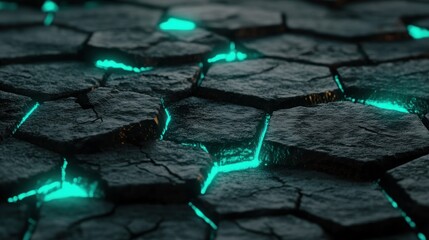 Dark cracked hexagons with glowing turquoise lines.