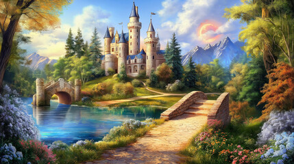 Fototapeta premium 美しい古代の城と森のファンタジーイラスト,幻想的,空想,妄想,ゲーム,アニメ,