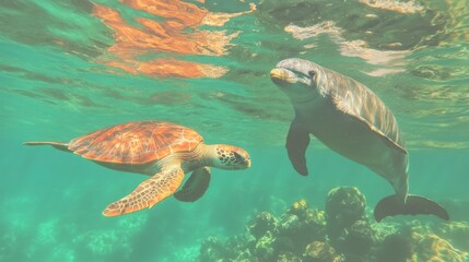 Obraz premium A sea turtle and a dolphin swimming together in a vibrant underwater scene.