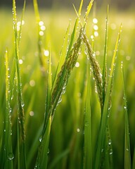 Obraz premium Close-up of dew-covered rice plants in a sunlit field.