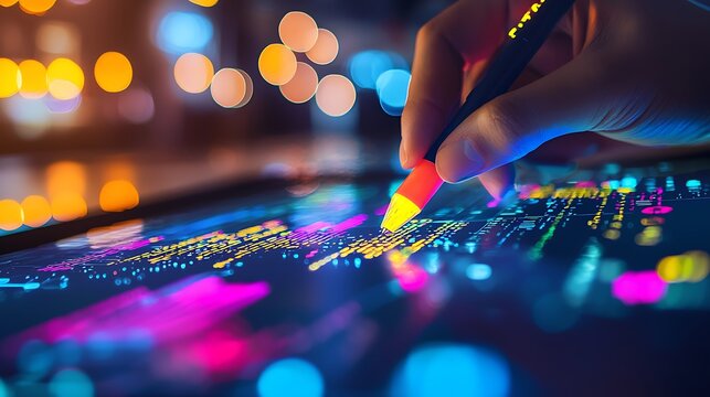 Hand using stylus on tablet, colorful data visualization.
